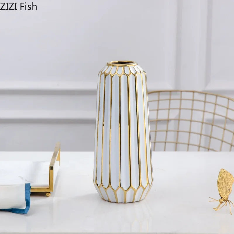 Afralia™ White Gilt Stripes Ceramic Vase - Modern Home Decor & Office Craft