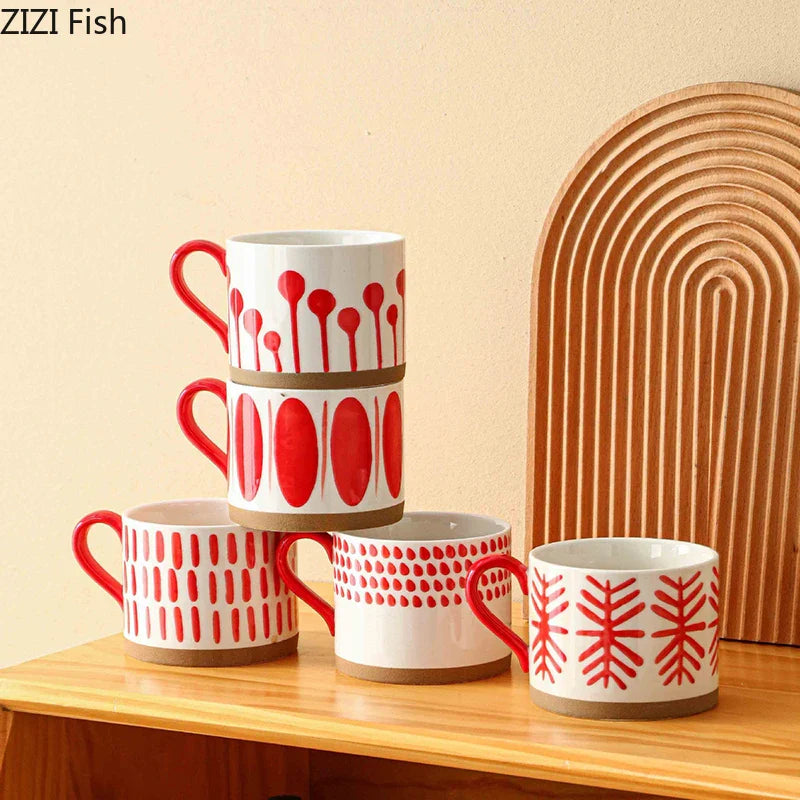 Afralia™ Red Patterned Porcelain Stacking Cup Set - Dining Table Coffee Mug Teacup