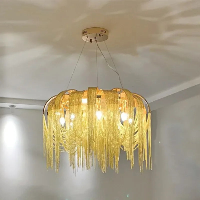Modern E14 Pendant Lights by Afralia™: Tassel Design, Aluminium Construction, Chrome & Gold Finish