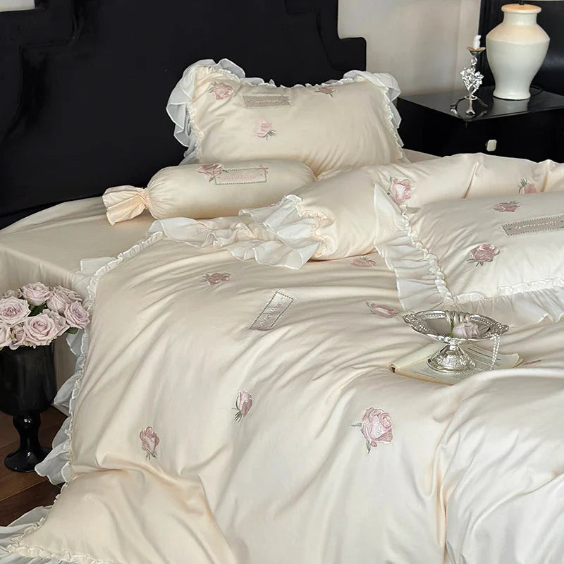 Afralia™ Rose Flowers Embroidery Lace Ruffles Cotton Brushed Bedding Set