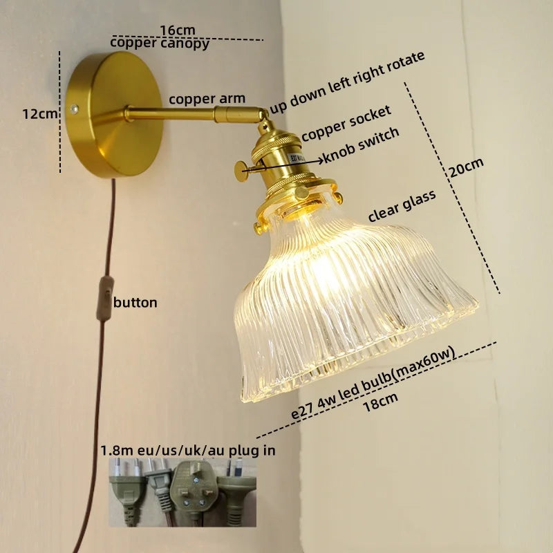Afralia™ Nordic LED Wall Lights Pull Chain Switch Copper Glass Home Decor