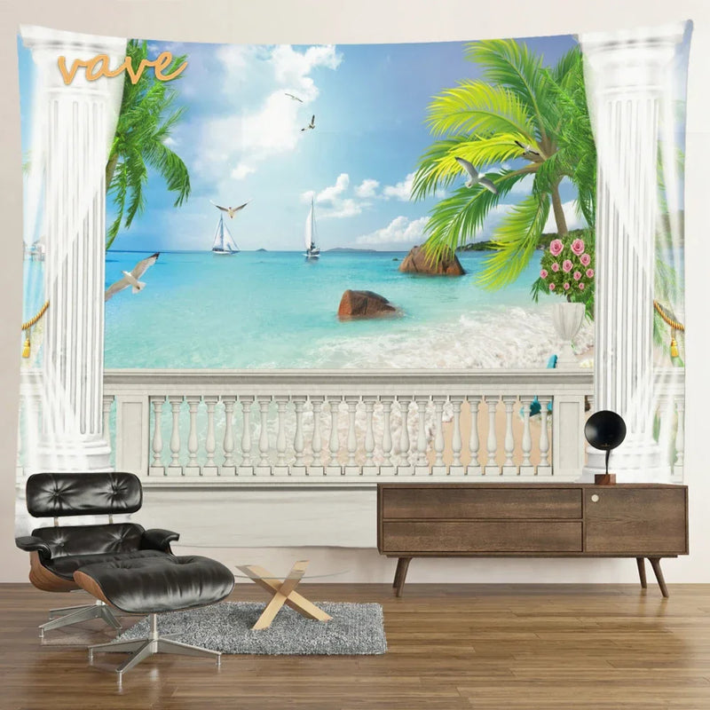 Scenic Sunset Palm Tree Tapestry by Afralia™ - Boho Beach Landscape Bedroom Decor