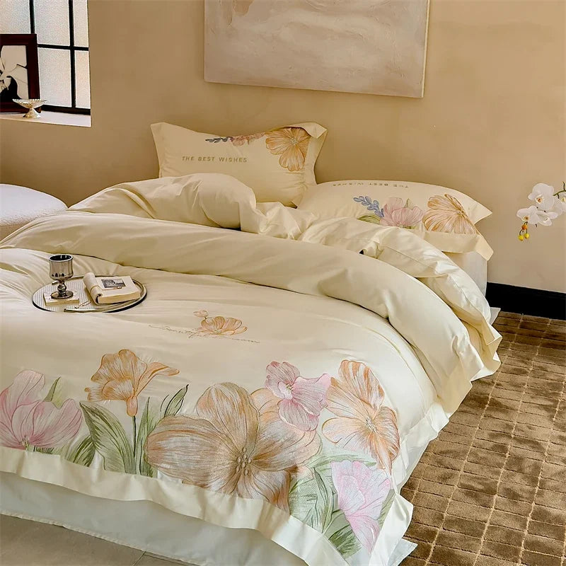 Afralia™ 100S Egyptian Cotton Embroidery Bed Linens Set for Queen King Euro Size