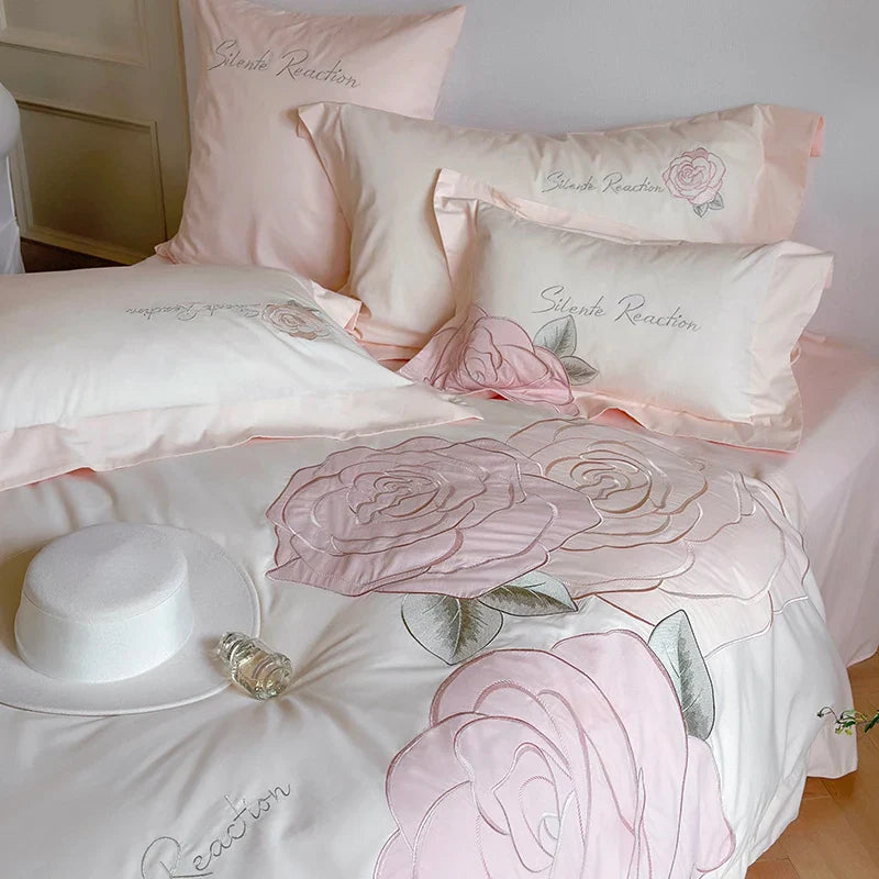 Afralia™ Pink Rose Applique Cotton Embroidery Bedding Set 500TC Soft Skin-friendly Duvet Cover