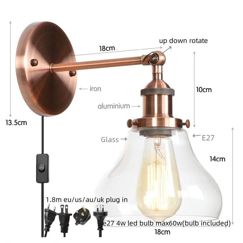 Afralia™ Red Bronze LED Wall Lamp with Pull Chain Switch and Clear Glass