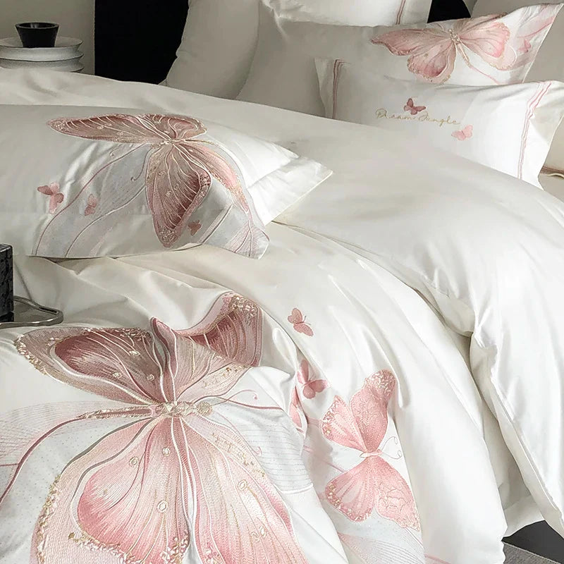 Afralia™ White Luxury Butterfly Embroidery Bedding Set - Queen King Size
