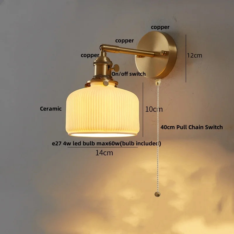 Afralia™ Copper LED Wall Lights Pull Chain Switch Bedside Lamp - Modern Nordic Design