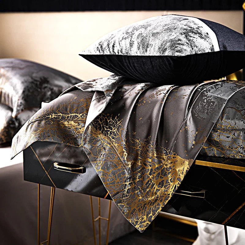 Afralia™ Silver Gray Satin Jacquard 1000TC Egyptian Cotton Bedding Set, Queen King Size