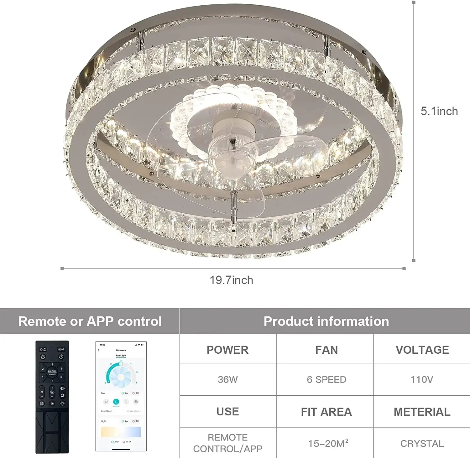 Afralia™ Crystal LED Ceiling Fan with Remote Control Flush Mount Profile