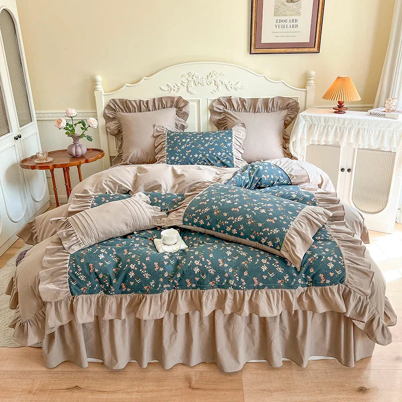 Afralia™ Vintage Floral Cotton Bedding Set with Pleat Ruffles and Duvet Cover