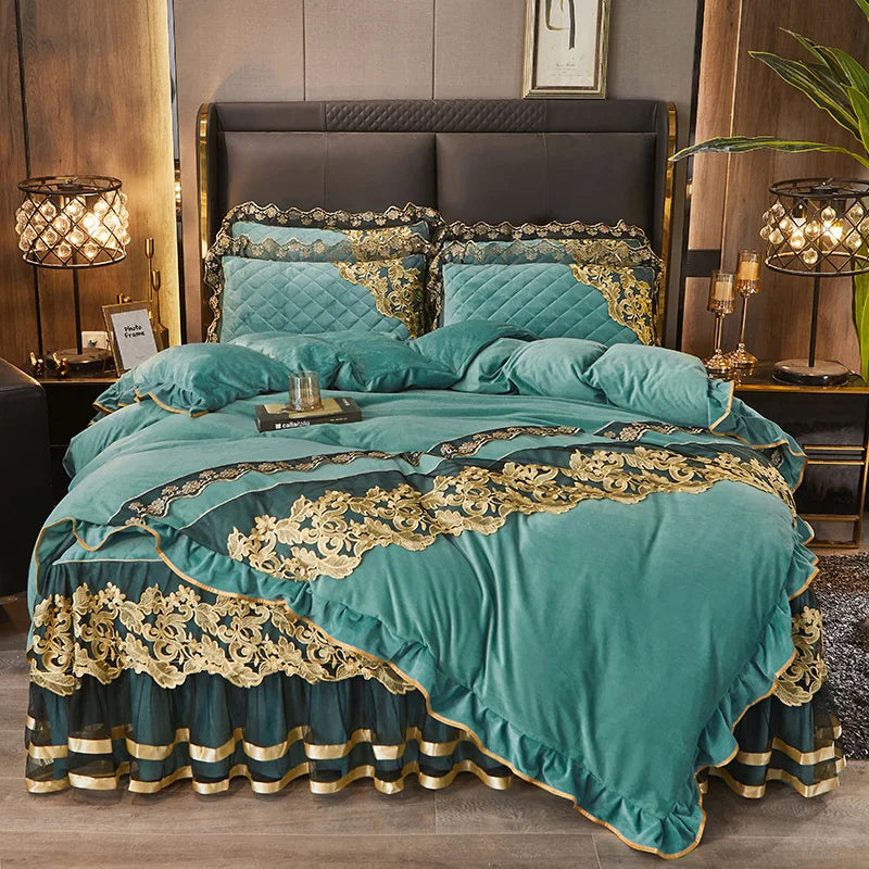 Afralia™ Black Gold Lace Duvet Set, Luxury Crystal Velvet, Quilted Embroidery, Ruffle Bedding