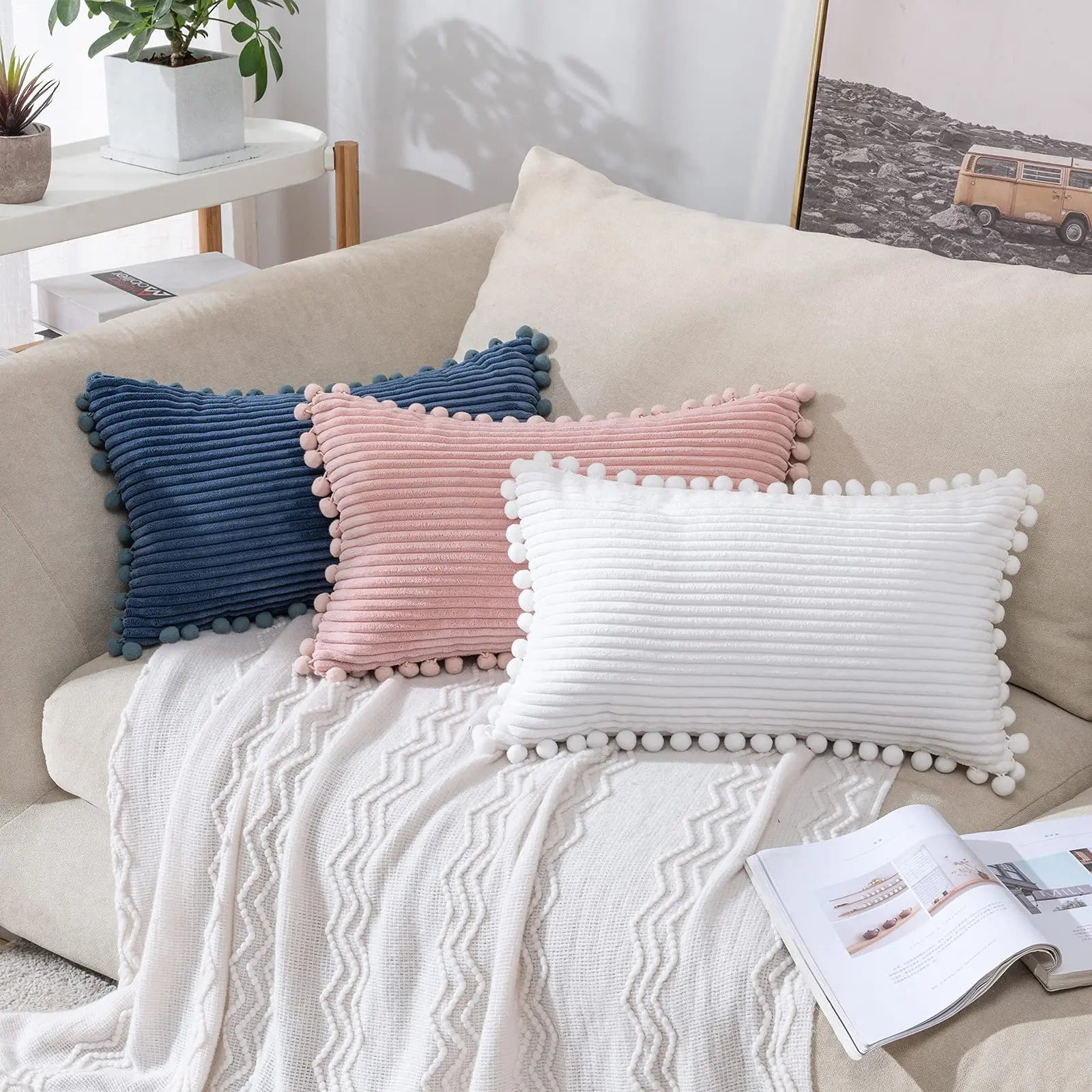 Afralia™ Striped Corduroy Pom-pom Cushion Covers - Skin Friendly Solid Color Pillow Sham