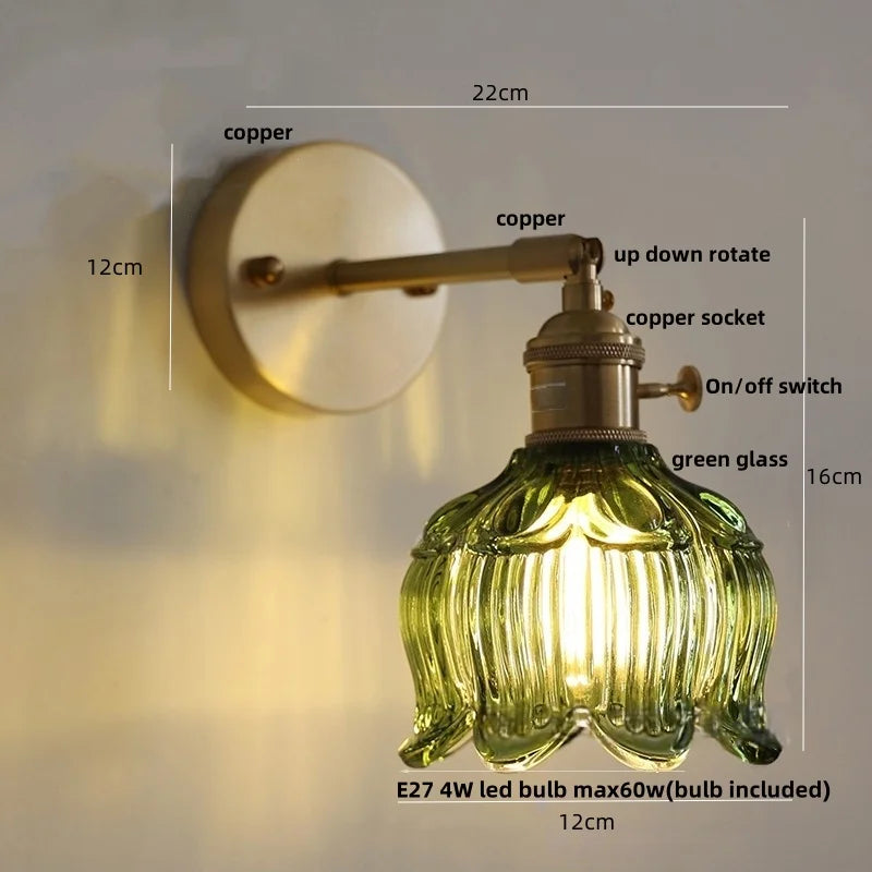 Afralia™ Copper Rotate LED Wall Light with Pull Chain Switch - Modern Glass Bedside Sconce