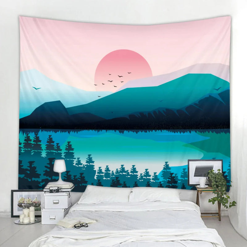 Afralia™ Nordic Mountains Sunrise Forest Tapestry: Boho Wall Decor for Home, Yoga, and More