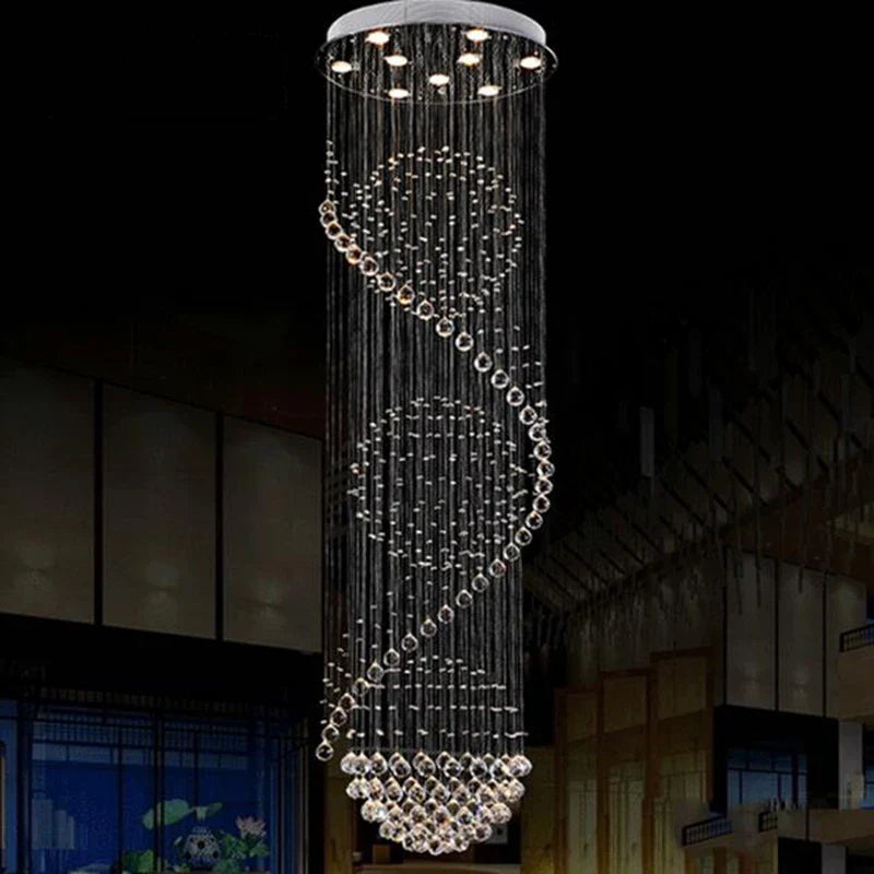 Afralia™ Long LED Crystal Spiral Chandelier for Staircase Showcase Hotel Bedroom Hall