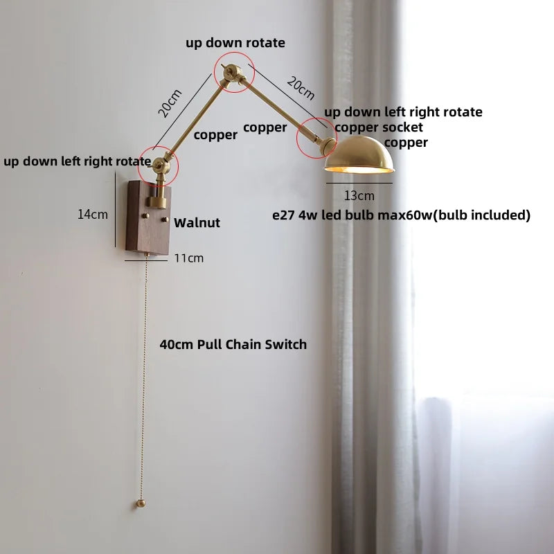 Afralia™ Walnut Copper Swing Arm LED Wall Light Fixture for Nodic Home Decor