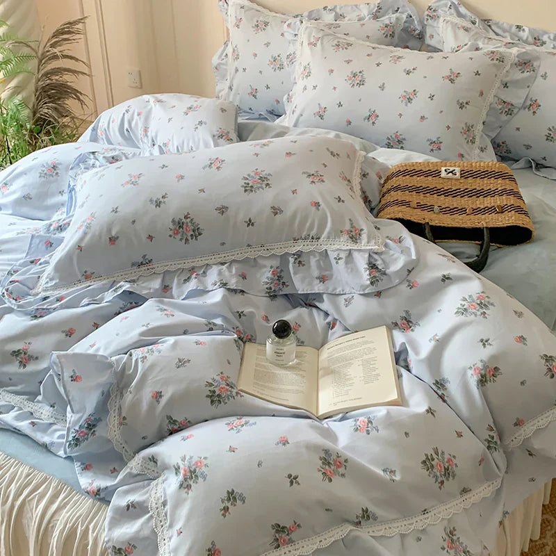 Afralia™ Lace Ruffles Floral Velvet Patchwork Duvet Cover Bedding Set
