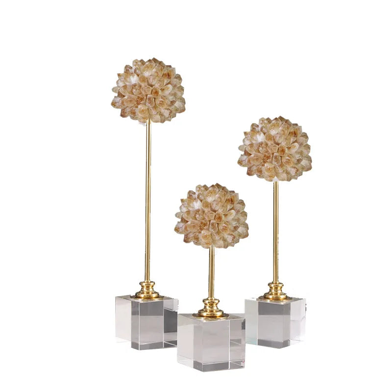 Afralia™ Crystal Flower Glass Craft Hyalinite Sculpture Metal Decorative Figurine