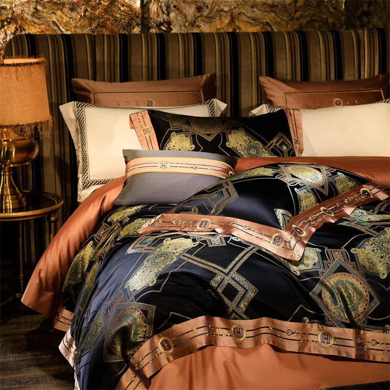 Afralia™ Luxury Black Gold Brocade Jacquard Cotton Bedding Set