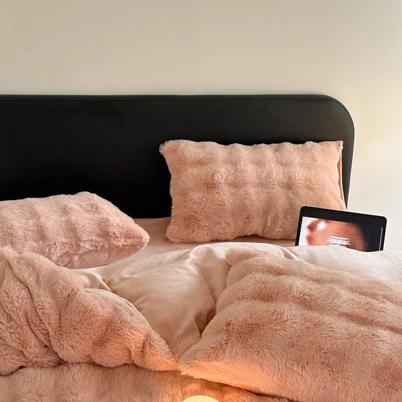 Afralia™ Faux Rabbit Fur Bedding Set, Velvet Plush, Soft & Luxurious 4Pcs