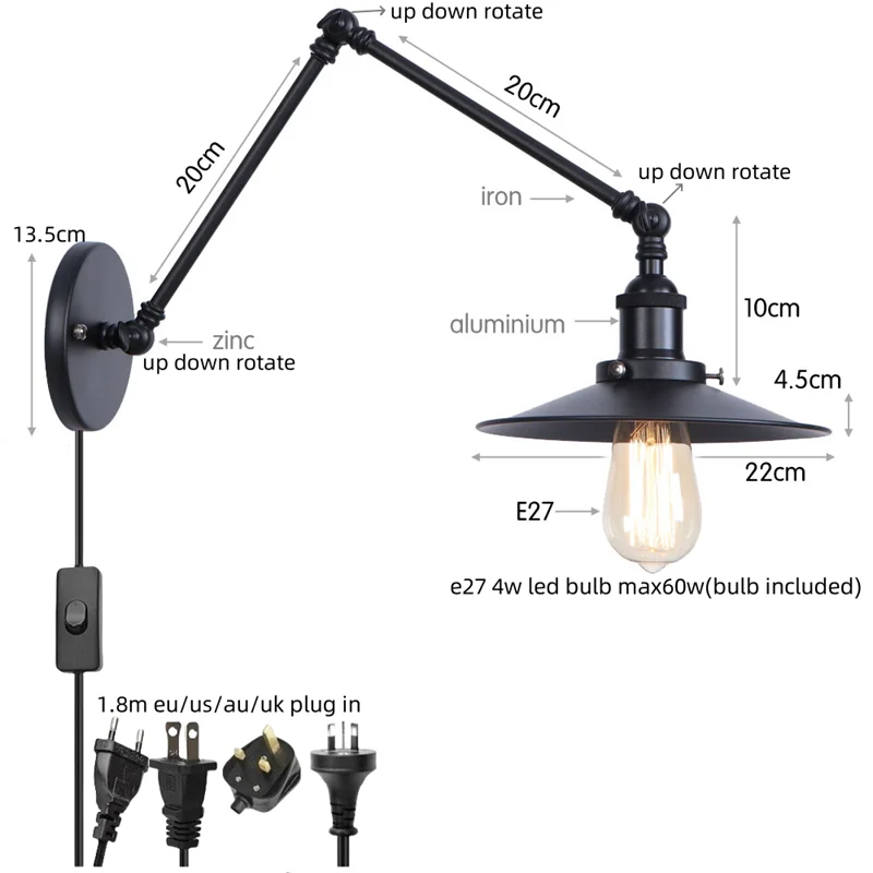 Afralia™ Black Iron LED Wall Light Fixture Industrial Vintage Adjustable Long Arm