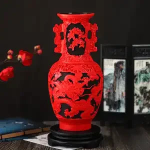 Afralia™ 10-inch Red Lacquerware Flower Auspicious Vase