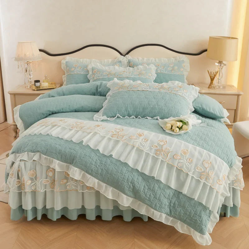Afralia™ Quilted Embroidery Bedding Set with Lace Ruffles, Duvet Cover, Bed Skirt - Various Colors