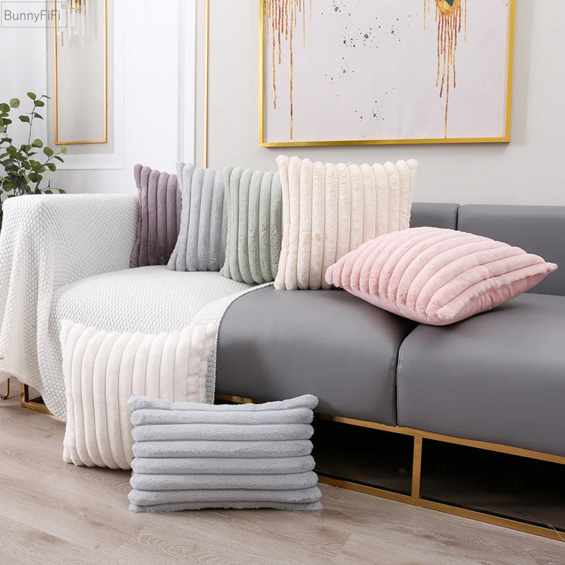 Afralia™ Faux Fur Stripe Cushion Cover Pink Grey Orange Ivory Soft 45x45cm/30x50cm