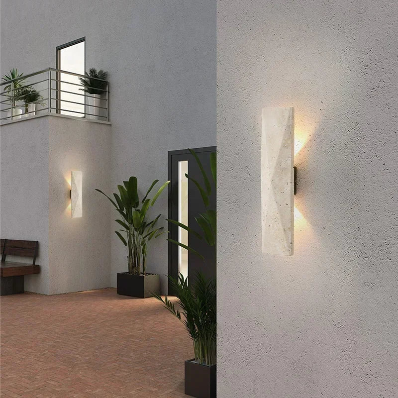 Afralia™ Yellow Travertine Stone Japanese Style LED Wall Lamp Bedroom Decoration
