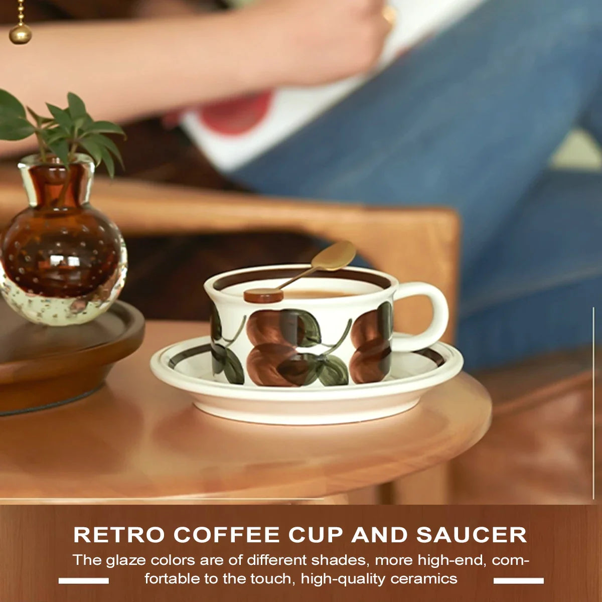 Afralia™ Hand-Drawn Ceramic Espresso Cup with Saucer, 8oz Cappuccino Cups