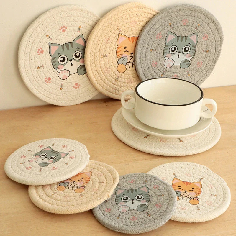 Afralia™ Cat Print Round Woven Coaster Cup Mat Table Heat Insulation Pad