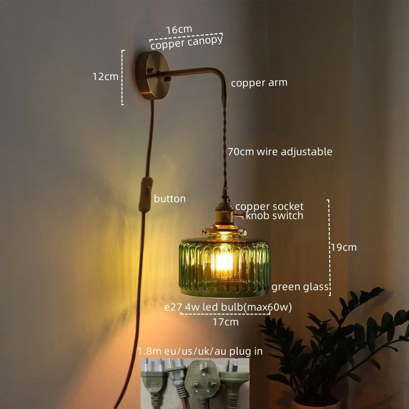 Afralia™ Vintage Green Glass Copper LED Wall Lights Pull Chain Switch Hallway Bedroom Balcony Wall Lamp