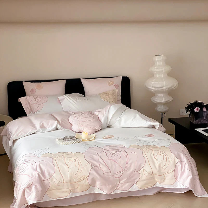 Afralia™ Luxury Rose Flowers Embroidery Bedding Set 1000TC Egyptian Cotton Duvet Cover Set