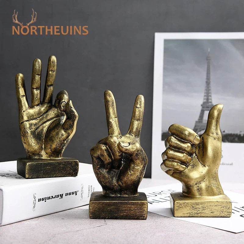 Afralia™ Retro Golden Resin Victory Gesture Art Figurine - Home Office Decor Accessory