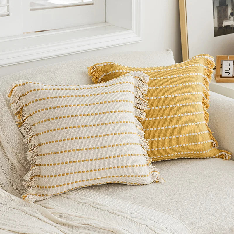 Afralia™ Geometric Tufted Cushion Cover with Crochet Tassels - Nordic Yellow Striped Pillow Cover