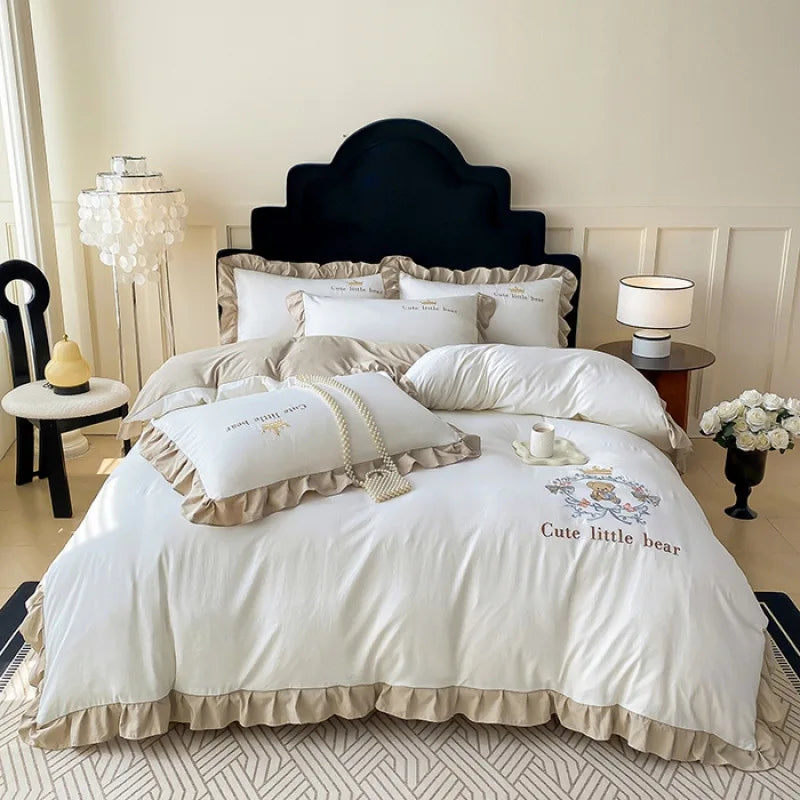 Afralia™ French Embroidered Cotton Bed Skirt Set with Ruffled Edges