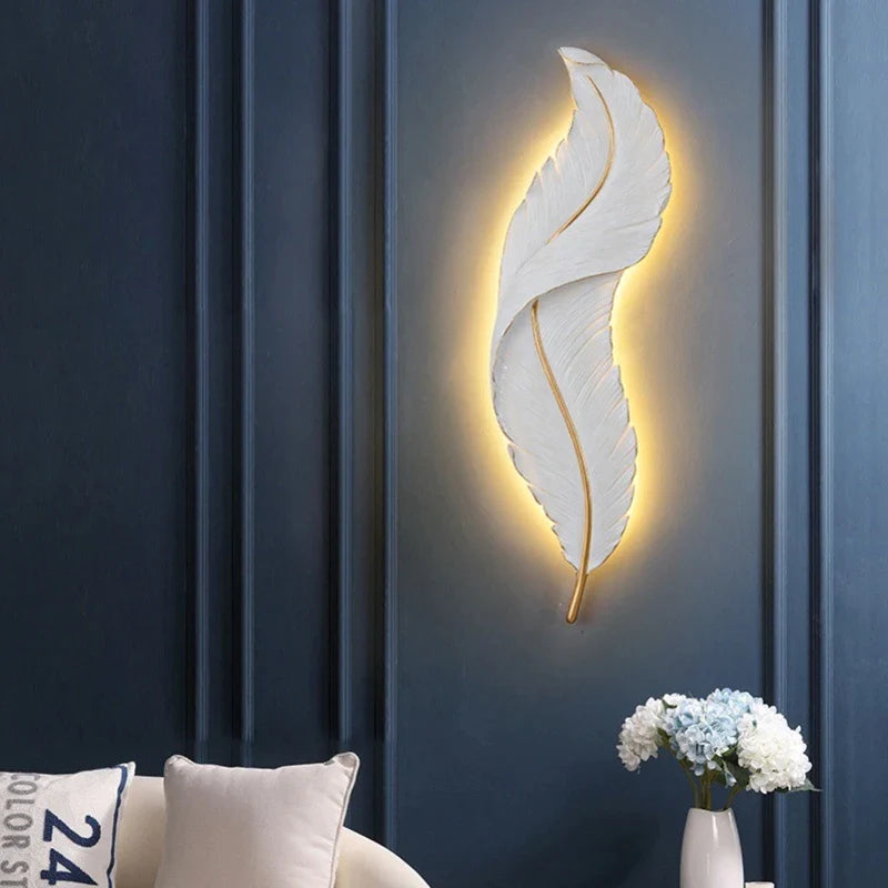 Afralia™ White Feather LED Wall Light Modern Night Lamp Decoration Bedroom Sconce