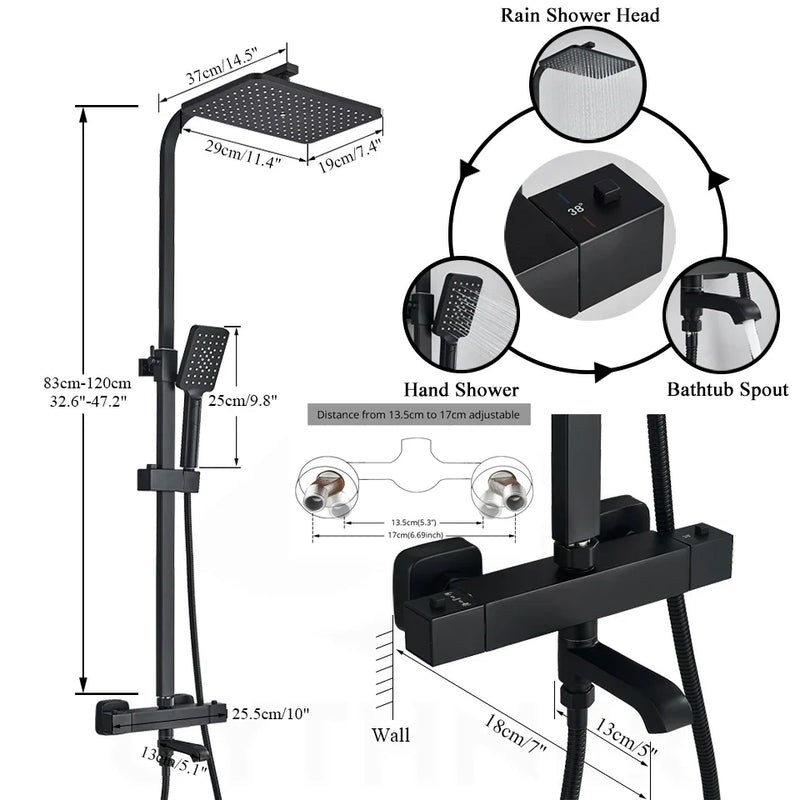 Afralia™ Thermostatic Shower Faucet Rainfall Head Wall Mount Bathtub Mixer Tap