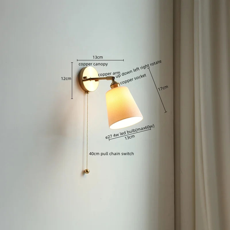 Afralia™ Vintage Ceramic LED Wall Sconce Light with Copper Pull Chain Switch