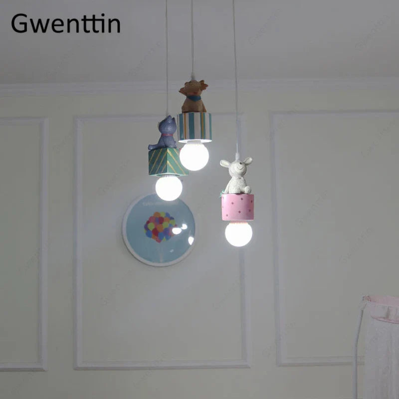 Afralia™ Kids Animal Pendant Lamp: Rabbit Lion Cat LED Ceiling Light Fixture