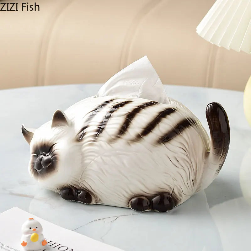 Afralia™ Siamese Kitten Ceramic Tissue Box - Creative Desk Decoration