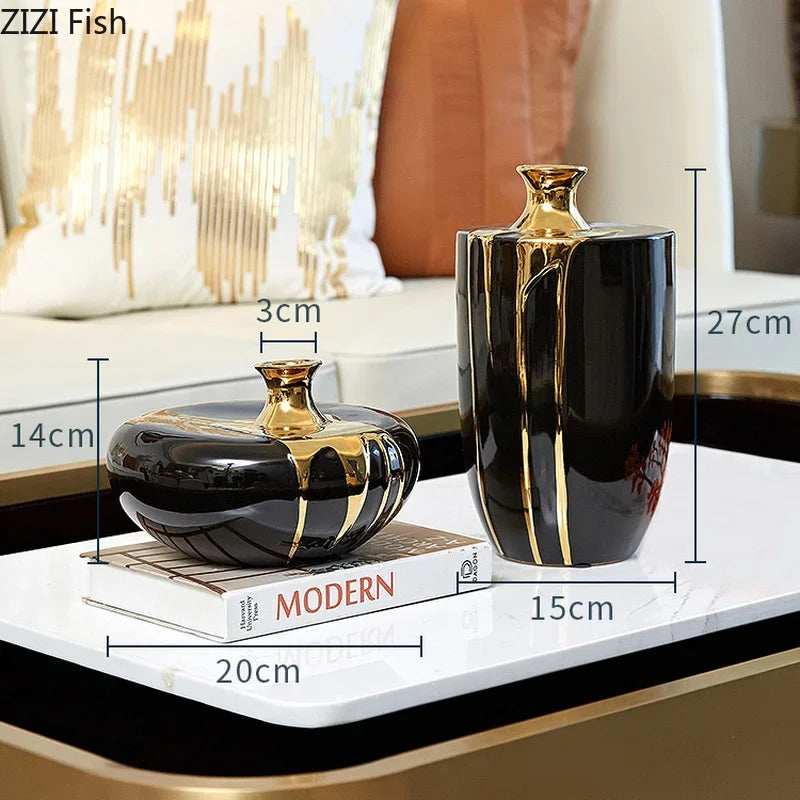 Afralia™ Elegant Black Gold Ceramic Vase for Modern Luxury Flower Decoration