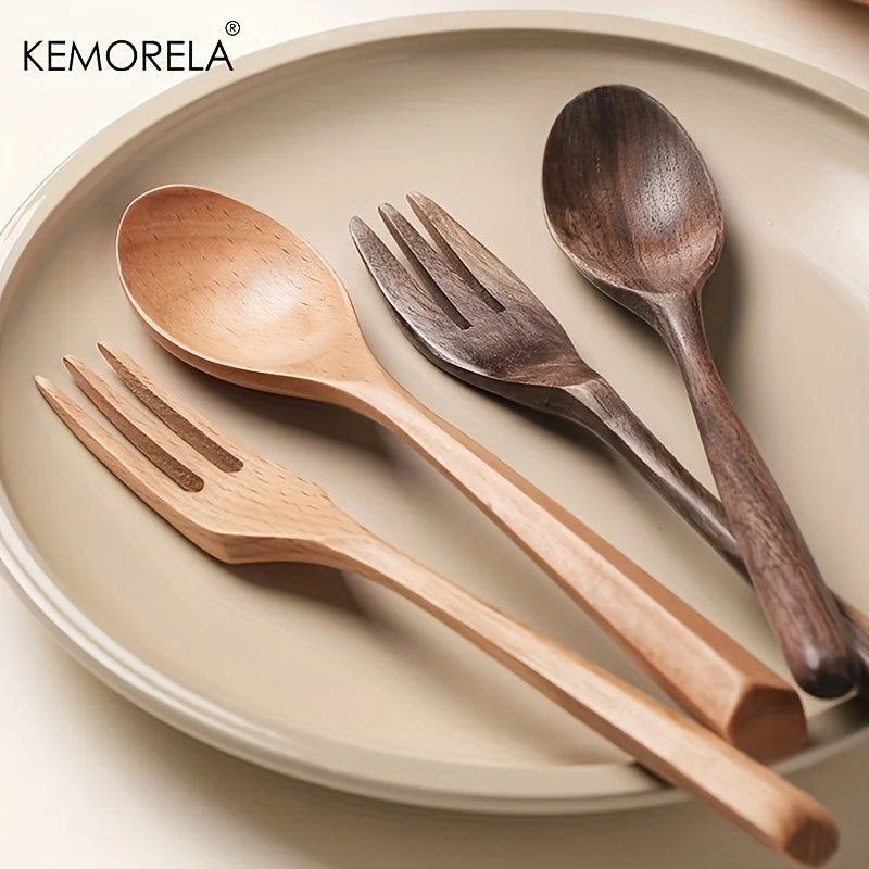 Afralia™ 2-Piece Wooden Fork and Spoon Set | Korean-Inspired Tableware for Desserts and Rice