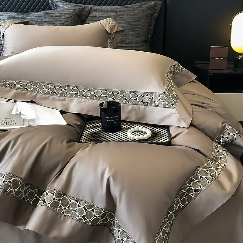 Afralia™ Brown Lace Embroidery Bedding Set, 4Pcs, 1200TC Egyptian Cotton