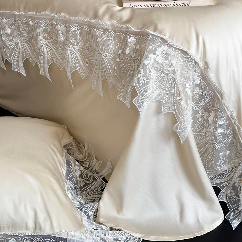 Afralia™ Romantic Lace Ruffles Bedding Set in Lyocell Cotton, Silky Duvet Cover, Bed Sheet, Pillowcases