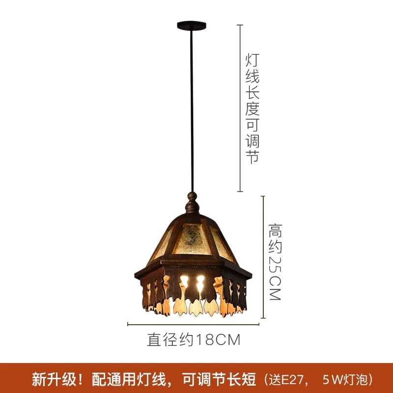 Afralia™ Retro Thai Pendant Lights Solid Wood Glass LED Hanging Lamp