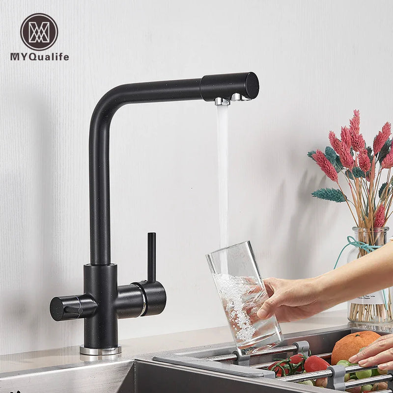 Afralia™ Matte Black Dual Handle Brass Kitchen Faucet with 3-way Water Filter