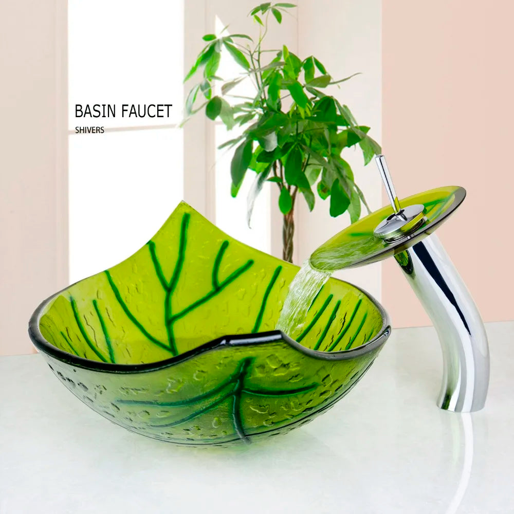 Afralia™ Green Glass Vessel Sink Set with Waterfall Faucet - Luxury Bathroom Vanity