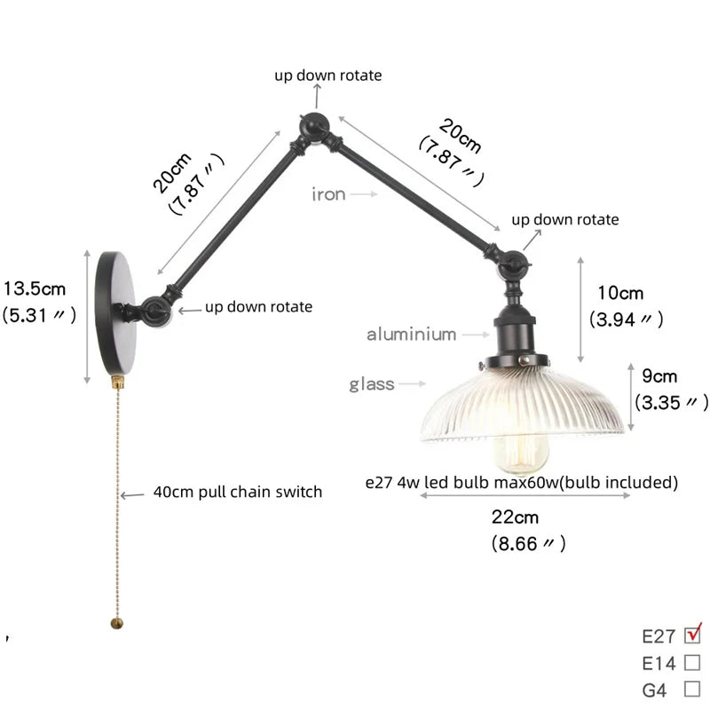 Afralia™ Industrial Loft Swing Arm Wall Sconce Clear Glass Pull Chain Switch Bedside Lamp