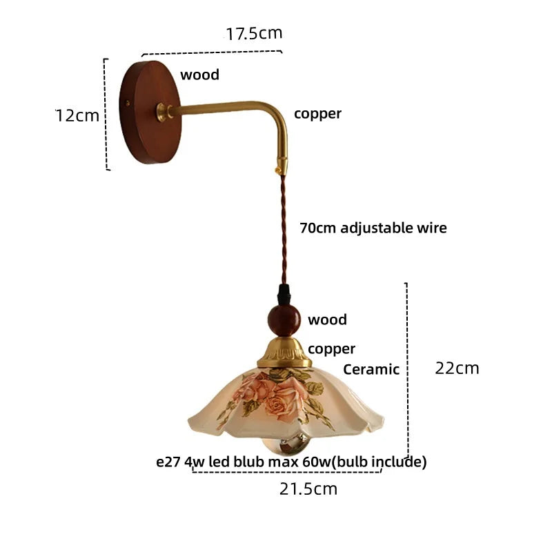 Afralia™ Nordic LED Wall Sconce Flower Ceramic Copper Wood Bedroom Reading Light